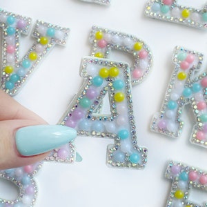 Pastel Pearl Letter Patches | Rhinestone Patches | Iron on Glue on Patches | Letter Appliqués | DIY Patches | Letter Patches