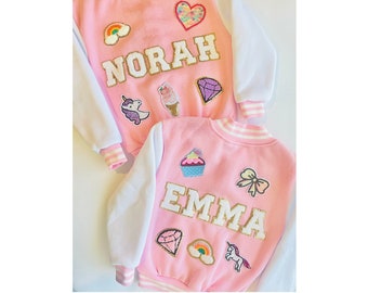 Custom Varsity Jackets | Personalized Girls Jacket | Pink Varsity Jacket | Jacket with Patches | Toddler Girls Custom Jacket | Toddler Gifts