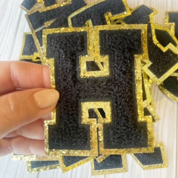 Black 3.12" Chenille Letters | Gold Glitter | Letter Patches | Varsity Letter | Iron On Patch | DIY Monogram Letters