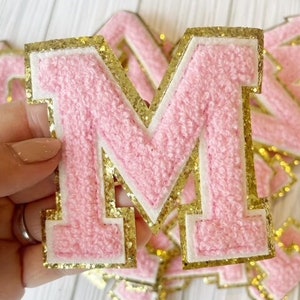 Baby Pink 3.12&quot; Chenille Letters | Gold Glitter | Letter Patches | Varsity Letter | Iron On Patch | DIY Monogram Letters