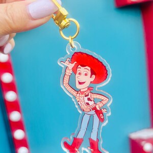 May include: A clear acrylic charm featuring a cartoon cowboy character with a red hat, boots, and a plaid shirt. The charm is attached to a gold-colored metal clasp. The background is a bright blue.