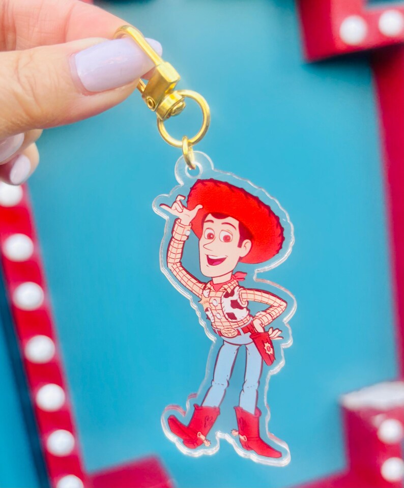 May include: A clear acrylic charm featuring a cartoon cowboy character with a red hat, boots, and a plaid shirt. The charm is attached to a gold-colored metal clasp. The background is a bright blue.