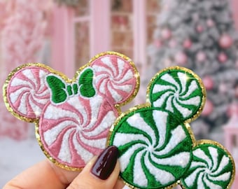 Candy Cane Patches | Magical Mouse Patches | Chenille Patches | Disney Patches | Disney Christmas Theme Patch | Iron On Mickey Minnie Patch