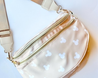 Beige Magical Mouse Crossbody Bum Bag | Double Zippers | XL Jumbo Belt Bag | Disney Mickey Mouse Inspired Bag for the Parks | Theme Park Bag