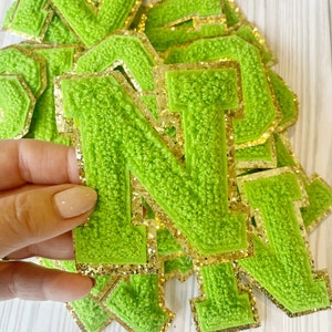 Green 3.12&quot; Chenille Letters | Gold Glitter | Letter Patches | Varsity Letter | Iron On Patch | DIY Monogram Letters