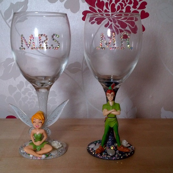 Disney Tinkerbell Peter Pan Mr & Mrs glitter wine glasses,  bride and groom  Wedding gitter glass, toasting glasses, wedding gift