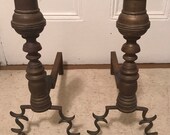 Victorian ornate brass andirons - cabriolet ball feet