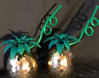 Pineapple drinking cups (2)  w straw lidded to go -His &Hers beach wedding ,luau tiki modern ,bar