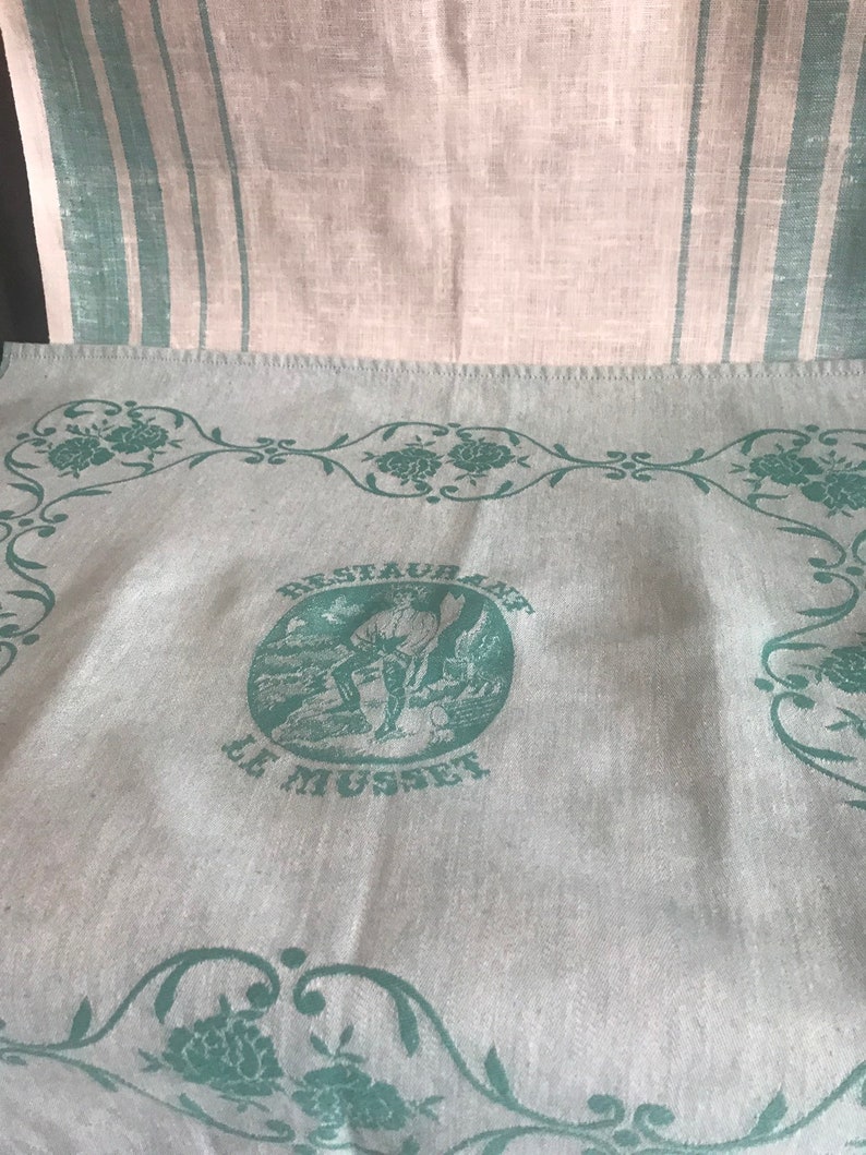 linen Vtg teal /& ivory stripped Table runner with kitchen towels cotton french Le Musset
