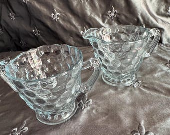 Blue bubble glass creamer & sugar set