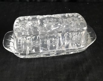 Vtg Glass covered butter dish  Hocking - press cut - clear pressed glass - rectangular-Star of David pattern