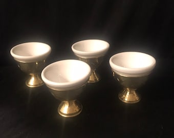 Federal Brass footed egg cup holder - porcelain cup insert  - brass holder - set of 4