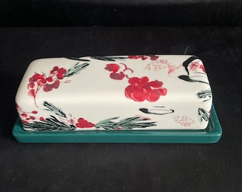 Floral  Butter dish , ceramic , lidded , rectangular ,airbrush painted floral design , Single stick