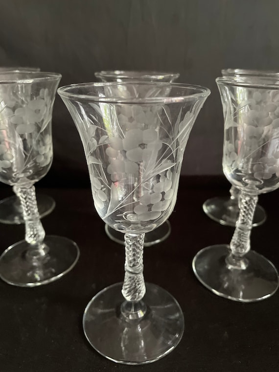 Crystal  stemware 6,champagne glasses , etched wild rose, stemmed , banded ,elegant dining , Vintage