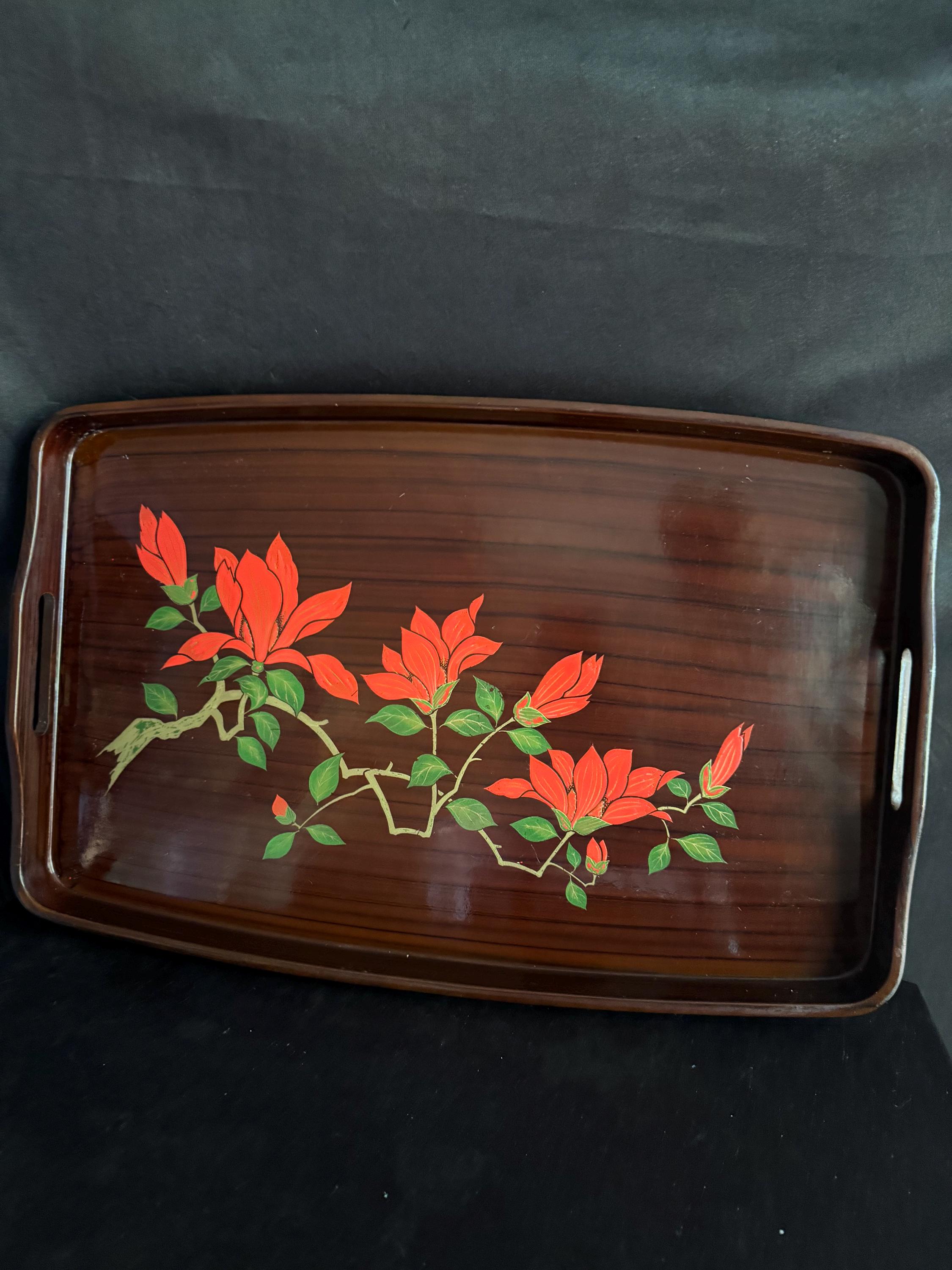 Vintage Laqured Beverage Tray , Rectangular , Handle ,painted Red
