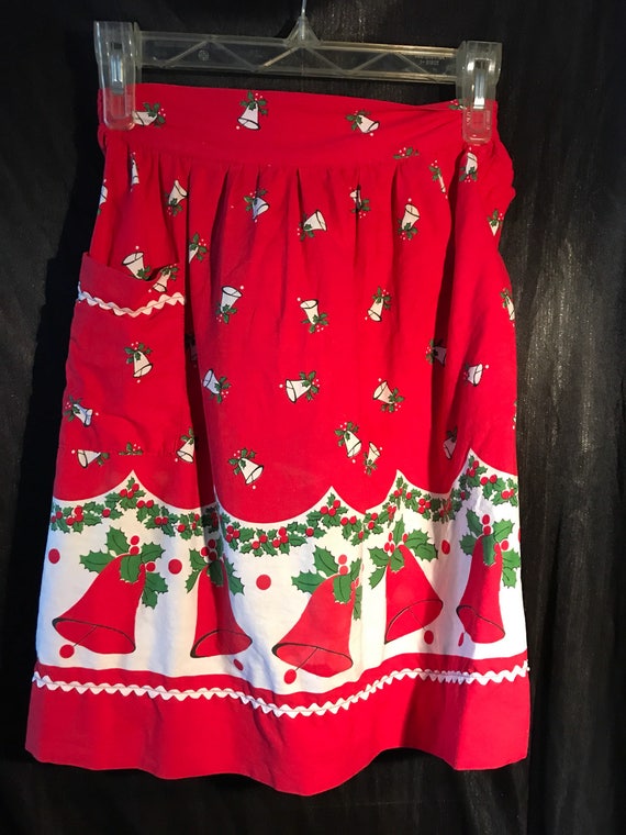 Vtg Holiday apron - Bells & Holly berry waistline… - image 1