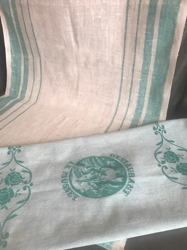 linen Vtg teal /& ivory stripped Table runner with kitchen towels cotton french Le Musset