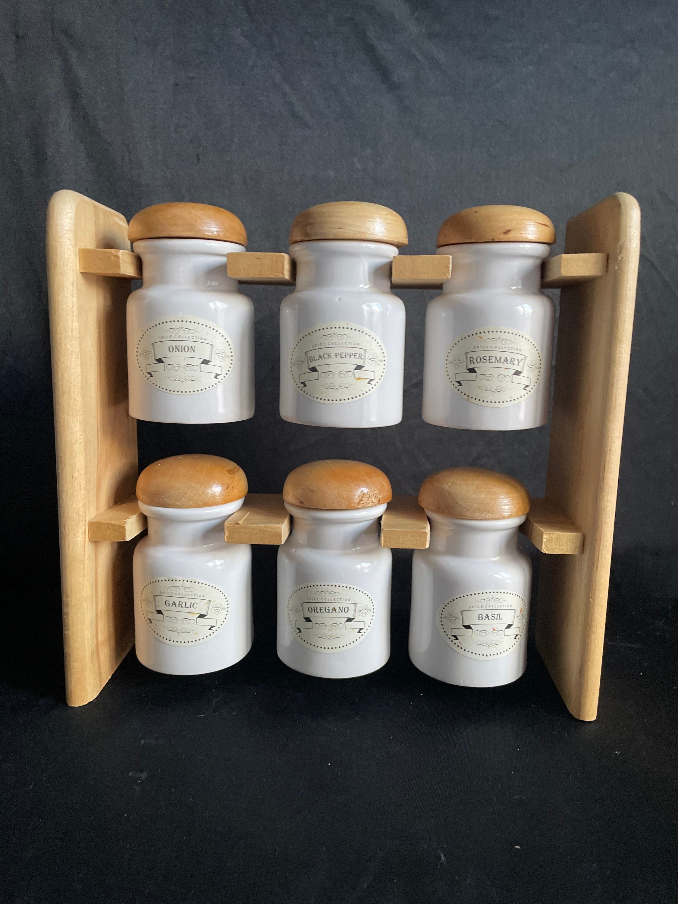 7pc Vintage Wood Spice Rack With Ceramic Mushroom Top Spice Jars Original  Labels Cottagecore Decor 