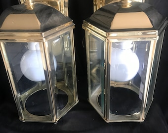 Exterior brass lantern lights - 5 sided panel glass , vertical - polished brass -flush mount