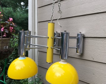 MCM Chandlier, chrome & canary yellow enamel dome shade lighting