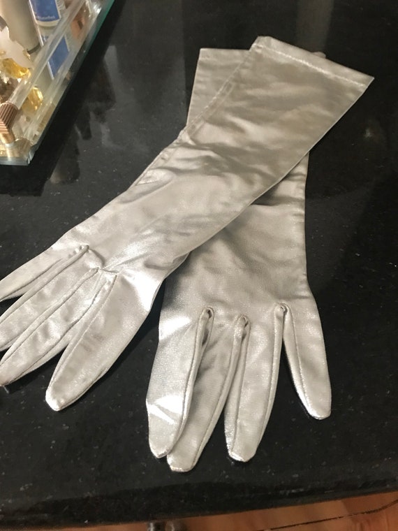 Cocktail  gloves Silver ,lame 3/4 length gloves -… - image 5