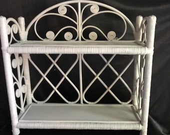 Vintage wicker shelf, 2 open shelves ,scrolled coiled wicker Bathroom  , Bedroom ,home decor wall  display