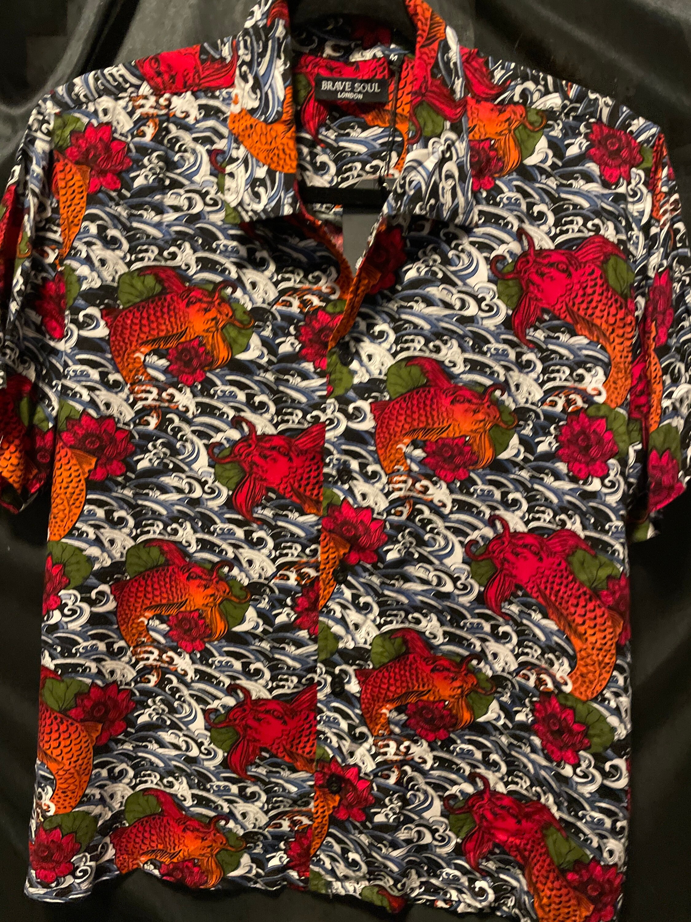 NWT Mens Designer Shirt koi Fish by Brave Soul London in Abstract Waves casual Dress Button Down Etsy Canada