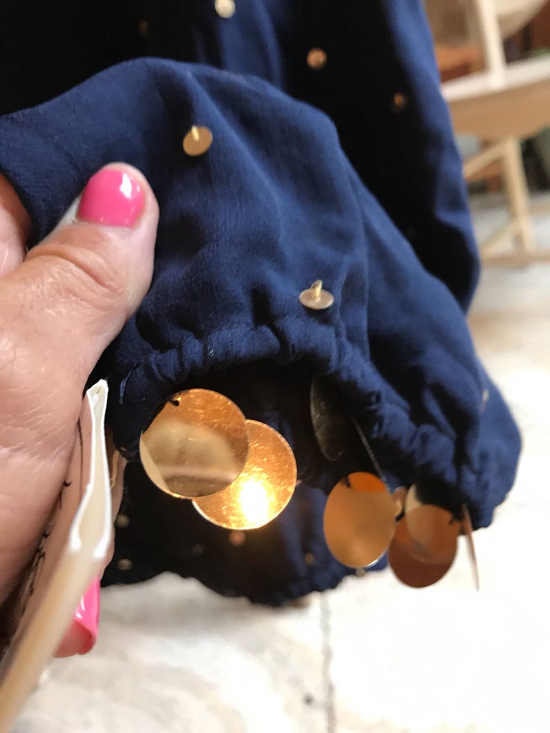 navy blue Bonnie Boerer silk blouse /& pant set gold sequins NWT Sz Small