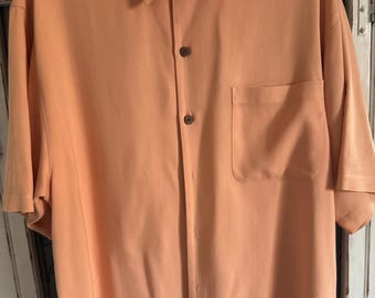 Tommy Bahama silk,button down sz Medium , coral , wooden button ,front pocket