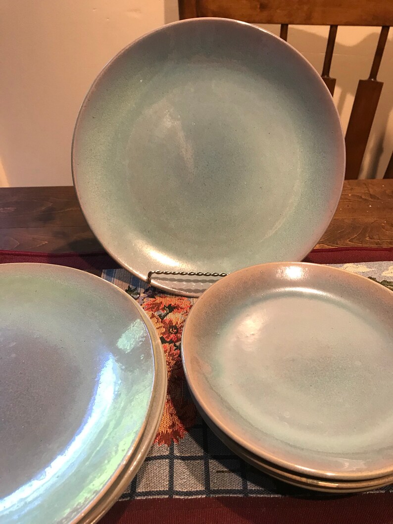 kitchen 4 dinner 4 salad Mid century dinner plates Pearlized teal Sango dining dessert