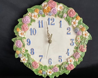 Wall clock - Botanical ceramic -battery operated - raised floral design - flush wall mount   clock -2d