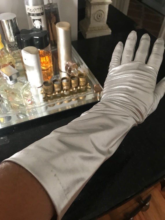 Cocktail  gloves Silver ,lame 3/4 length gloves -… - image 4