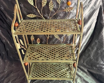 Vintage Tiered plant stand 3 tiered or wall shelf ,wrought iron , Tole & Latrice with citrus design