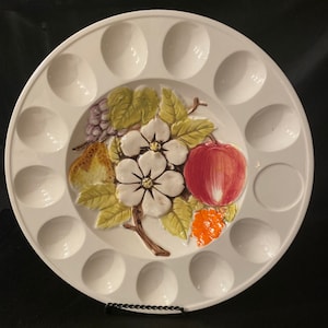 MCM deviled egg platter , magnolia & fruit pattern , ceramic, center crudités server lefton # 6178