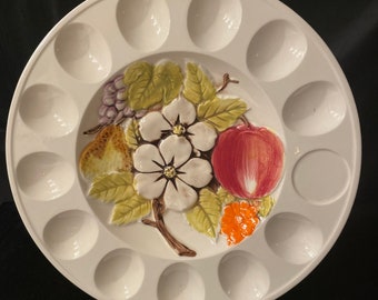 MCM deviled egg platter , magnolia & fruit pattern , ceramic, center crudités server lefton # 6178