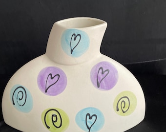 Art pottery vase , Heart painted  , oblique line, abstract ,heart , Dress form  shaped  , ceramic Amano , Germany,Valentine day gift