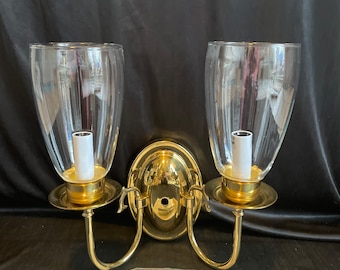 NIB double arm sconce light , wall mount light , candlestick w Bobeche,  Brass , Hurricane shades , flush mount , foyer , Living room