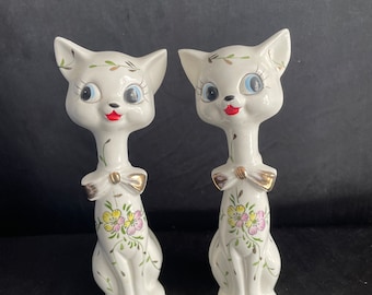 Cat figurine set (2) pair ,Royal Sealy ,Siamese White ,big blue Eyed , floral hand painted design , gold flash ,Japan