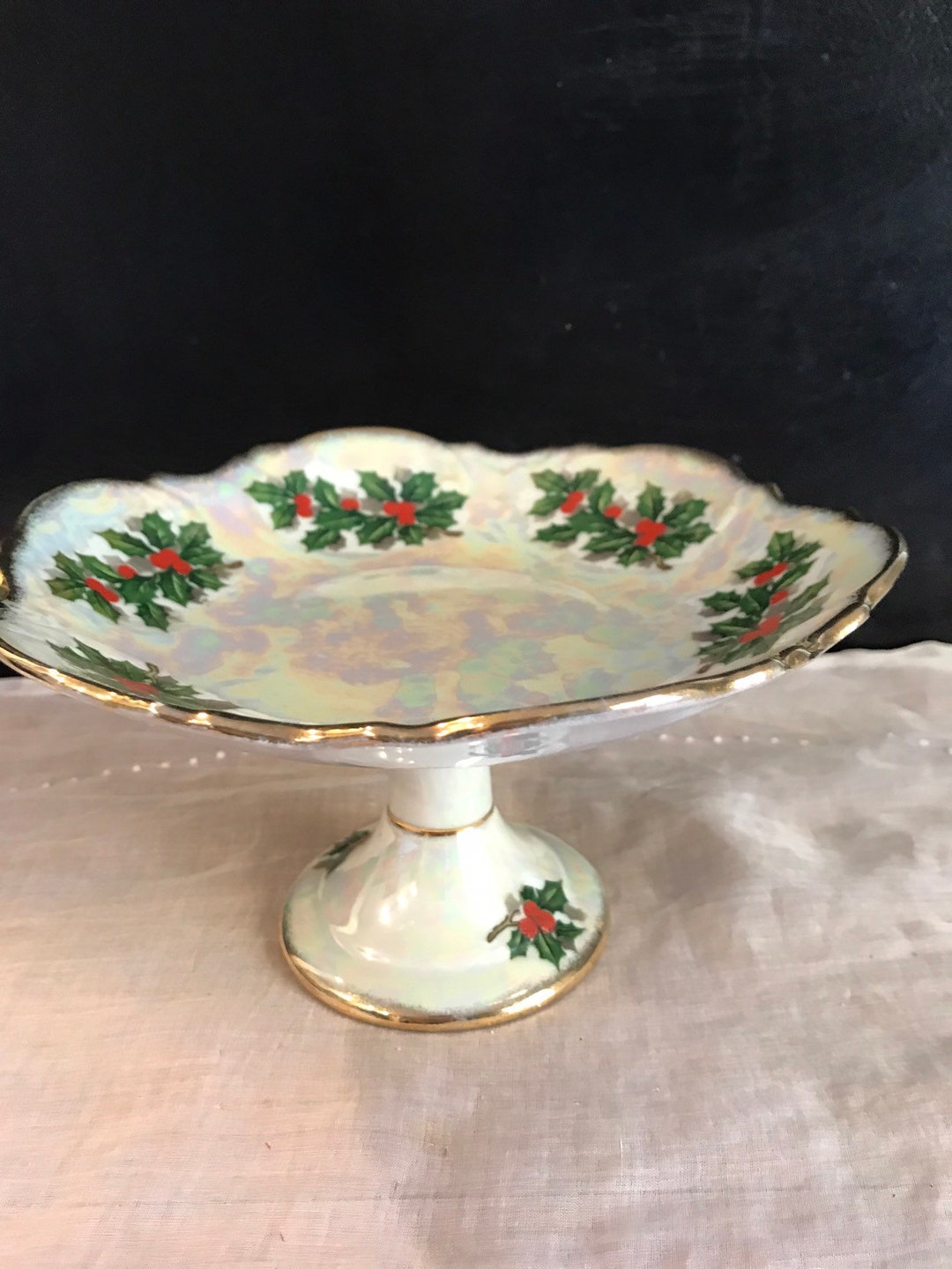 vintage-holiday-dessert-stand-lustre-ware-pedestal-petite-four