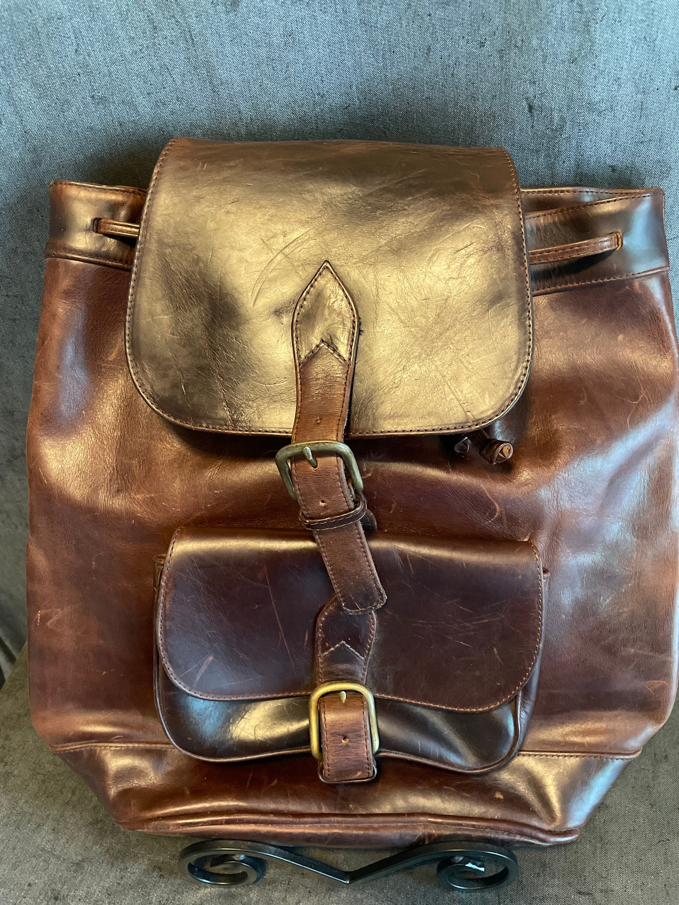 VINTAGE VILLAGE TANNERY LEATHER BACKPACK Village Tannery Bookbag — City Opera Thrift Shop main image 4