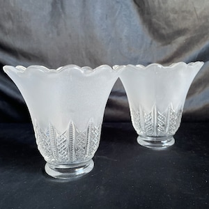 Victorian glass shades (2) sconce scalloped vertical ,frosted,clear zippered hatched diamond design,2’ fitters, Replacement