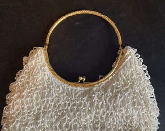 Elegant White beaded bag , top handle gold circular ,metal , white netted beaded iridescent ,Formal , Evening , Bridal ,Vintage, By Del Ill