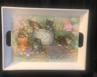 Vintage Melamine Serving Tray: Kitten Spring Garden Design