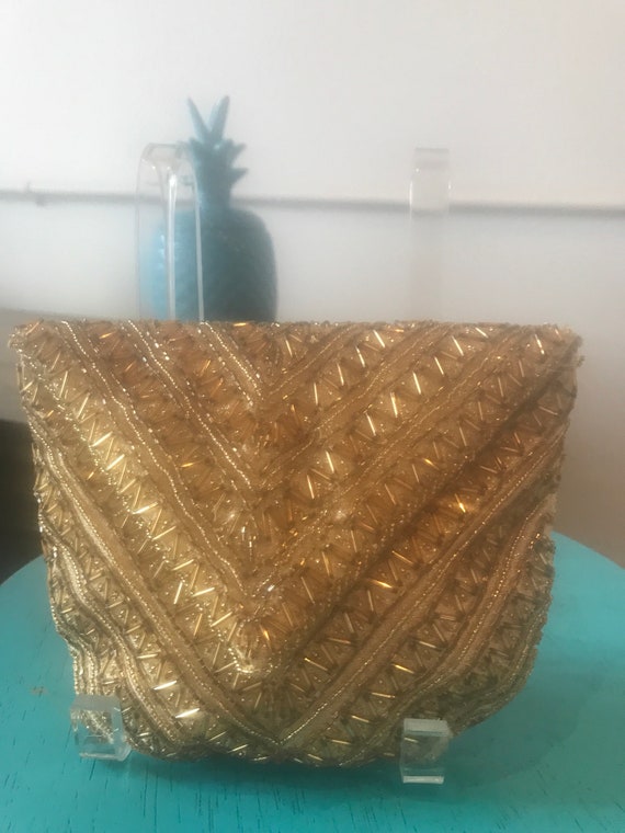 Gold evening bag , formal  stiched bugel & indian… - image 1