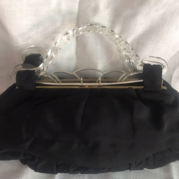 Vtg  Formal evening bag , Black taffeta & lucite  , lucite top handle,scalloped frame-vintage