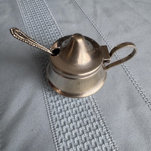 May include: A silver-colored condiment jar with a lid, handle, and small spoon. The jar has a rounded base and a conical top. The spoon is inserted into a small hole in the lid. The jar is on a light blue patterned surface.