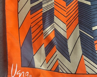 Designer Vera Neumann silk scarf , purse tie , Kerchief , neck ,Geometric print, abstract , Orange ,Slate blue, taupe, black , 22 1/2x221/2
