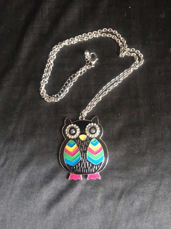 Vtg Enamel necklace - Owl & rhinestone long penda… - image 1