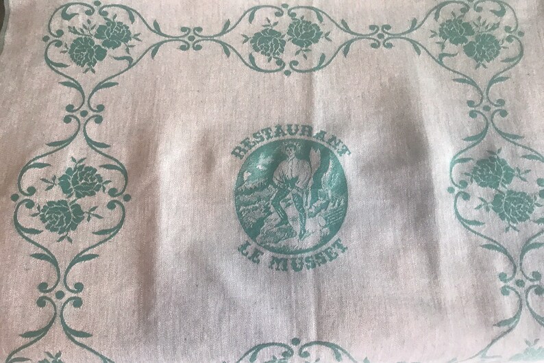 linen Vtg teal /& ivory stripped Table runner with kitchen towels cotton french Le Musset