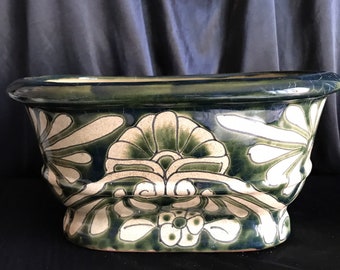 Glazed Terra cotte ,flower pot Salt glaze- painted ,oval - ribbed , emerald green , beige made in Mexico